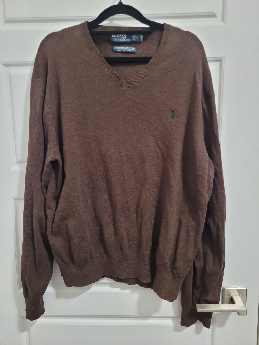 Ralph Lauren Brown V-Neck Cotton Sweater with Green Pony